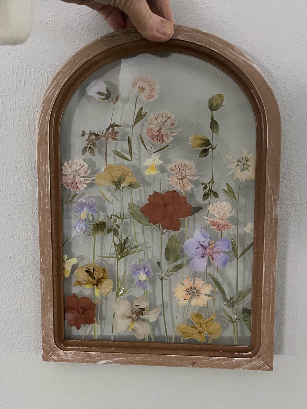Pressed Floral Art in Distressed Wood Arch Frame - Multicolor